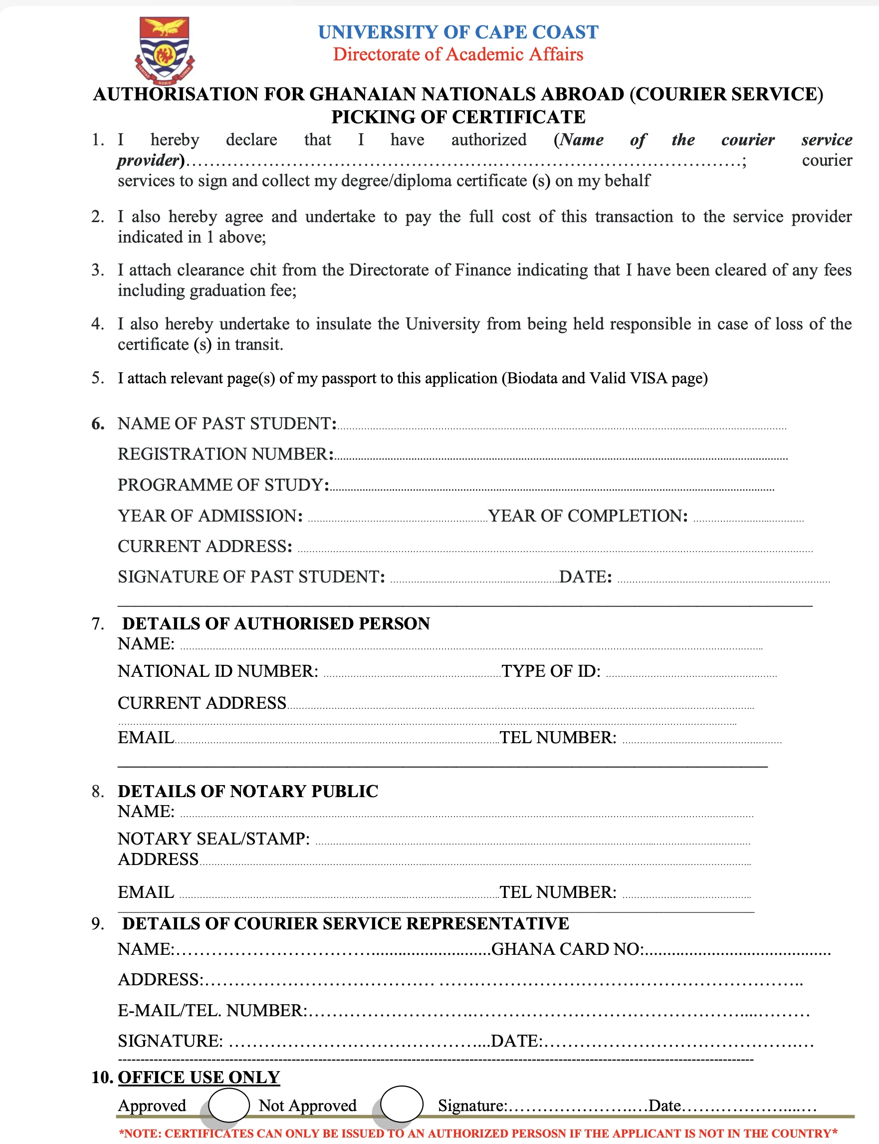 Authorisation for Ghanaian Nationals Abroad (Courier Service) Picking of Certificate