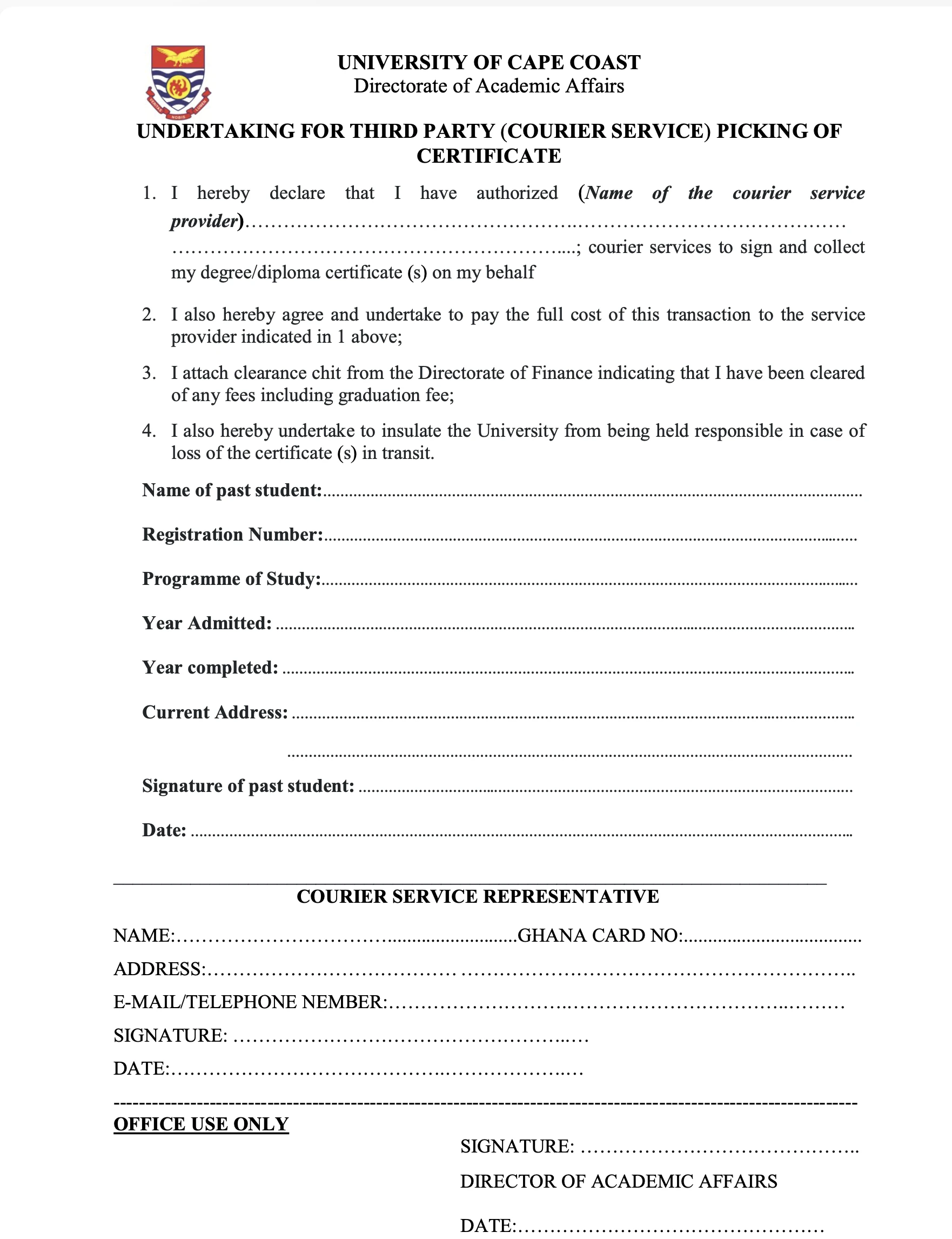 Undertaking for Third Party (Courier Service) Picking of Certificate