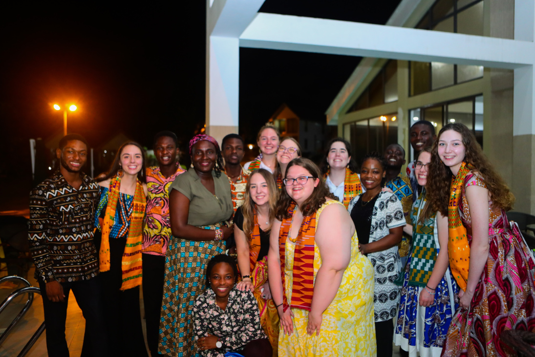 Some members of the Grand Valley State University delegation (adorned in kente stoles) in a photo with Dean of the School of Nursing and Midwifery-UCC, Dr. Nancy Ebu Enyan and other UCC students