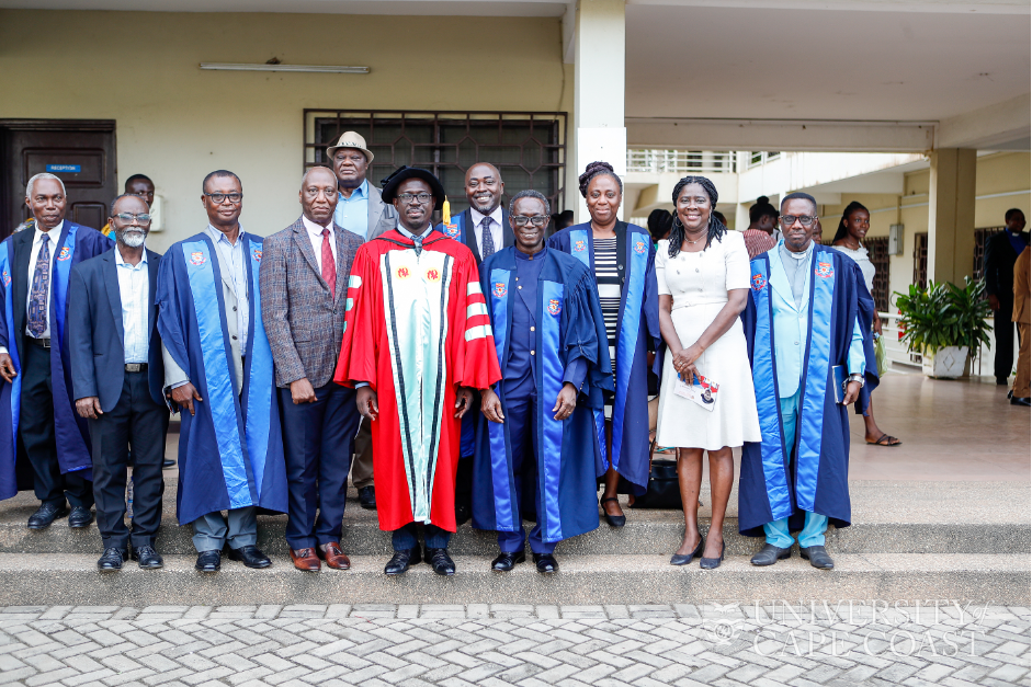 Prof. Mensah in a group shot with the Pro VC-UCC, Prof. Rosemond Boohene (2nd from right), Registrar UCC, Mr. Jeff Teye Emmanuel Onyame (3rd from left) and members of the College of Professors.