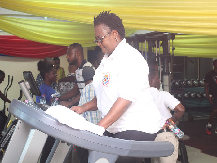 Prof. Dora Edu-Buandoh exercising on one of the sports power/exercise station