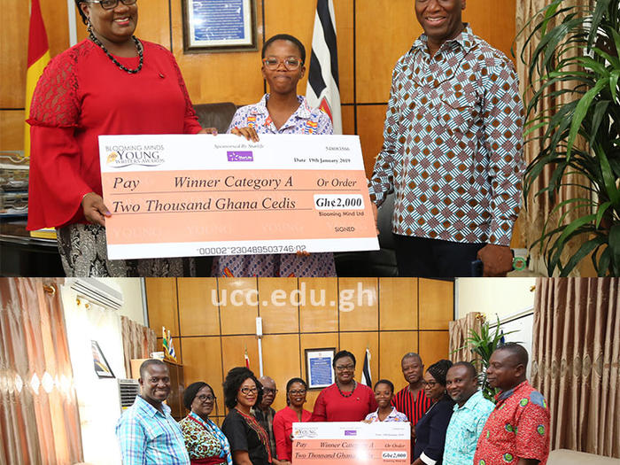Dzisenu Edoh-Torgah presenting a dummy cheque of GH ¢2,000 to Prof. Dora Edu-Buandoh and Mr. Jeff T. Onyame Presentation of the award to the Pro Vice-Chancellor