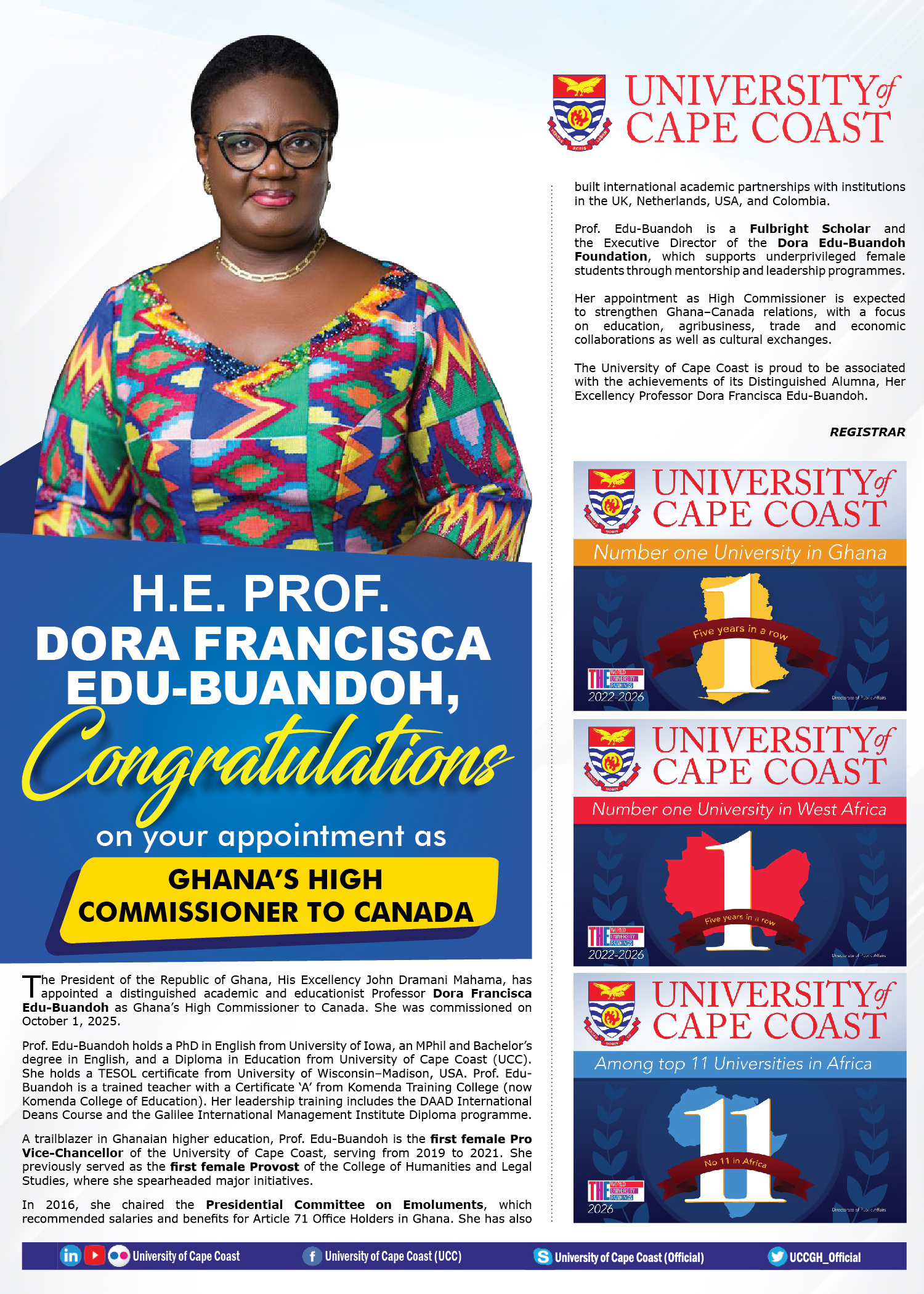 CONGRATULATORY MESSAGE TO H.E. PROF. DORA FRANCISCA EDU-BUANDOH, GHANA’S HIGH COMMISSIONER TO CANADA PRESS RELEASE